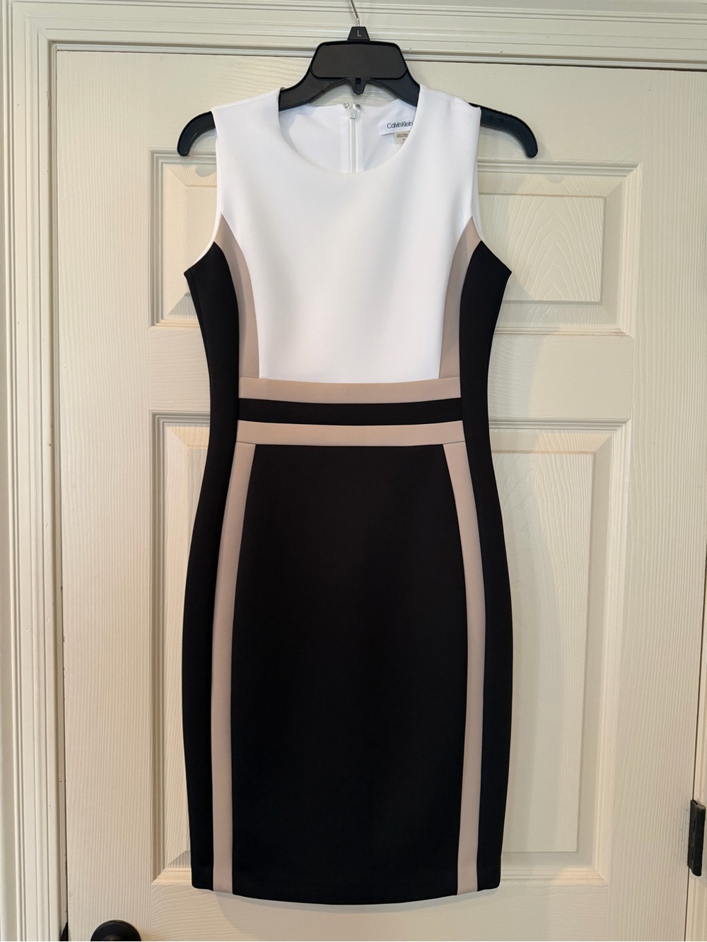 Calvin Klein White, Black & Beige Colorblock Midi Sheath Dress
